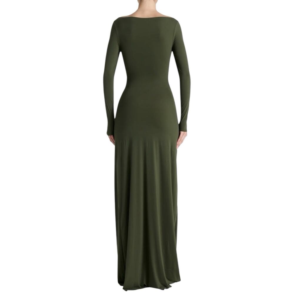 NWOT Naked Wardrobe Tie Waist Long Sleeve Maxi Dress Medium Green Stretchy - Picture 3 of 8